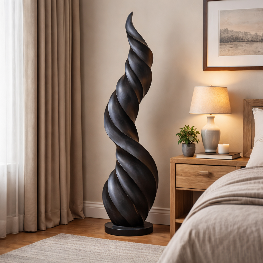 Tall Solid Wood Twisted Flame Sculpture for Entryways and Modern Spaces