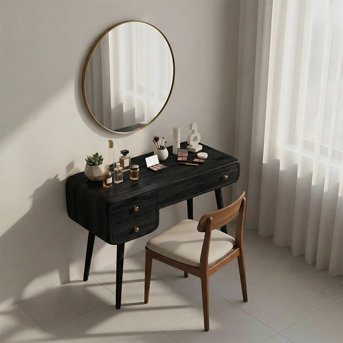 Mid-Century Solid Wood Vanity Table with Rounded Edges and Drawers