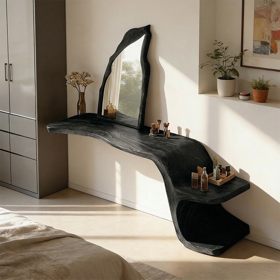 Live Edge Solid Wood Floating Vanity Table with Organic Sculptural Form