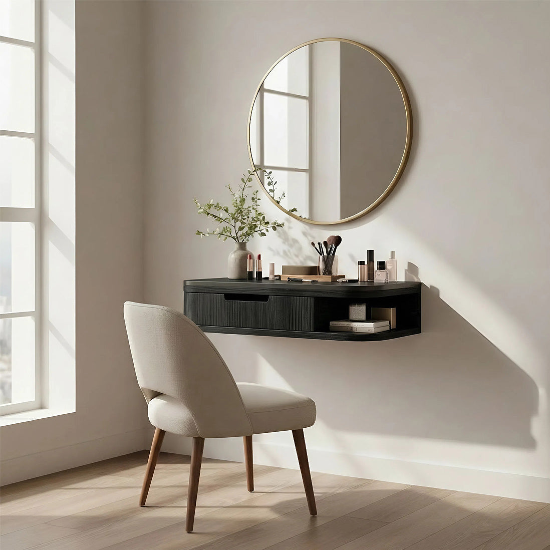 Floating Wood Vanity with Black Top