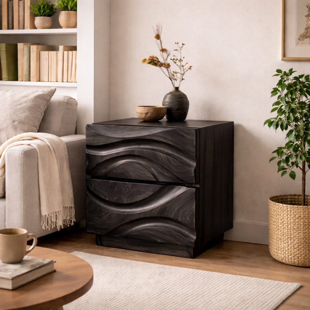Handcrafted Solid Wood Nightstand with Sculpted Wave Drawer Fronts