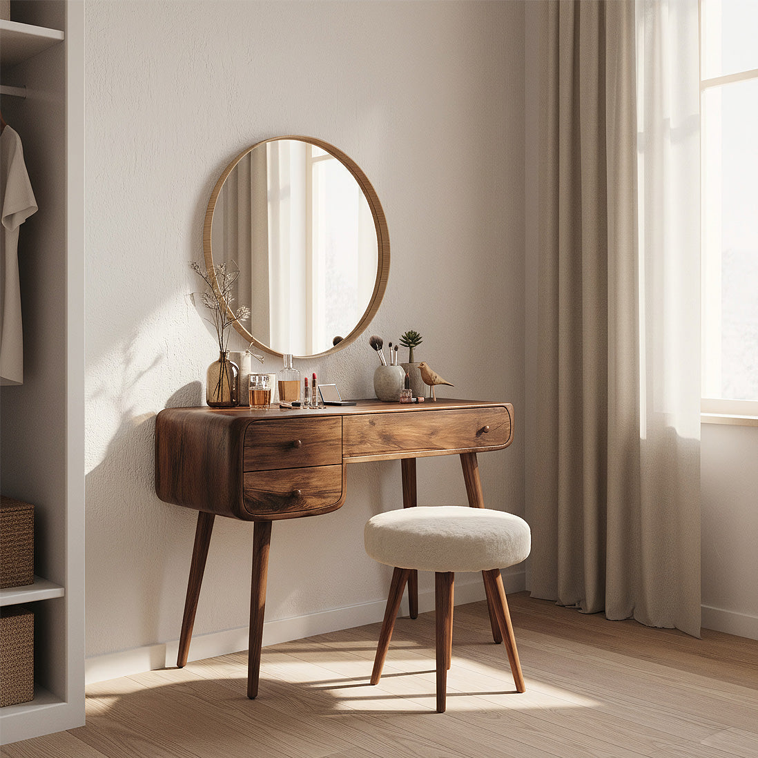 Mid-Century Solid Wood Vanity Table with Rounded Edges and Drawers