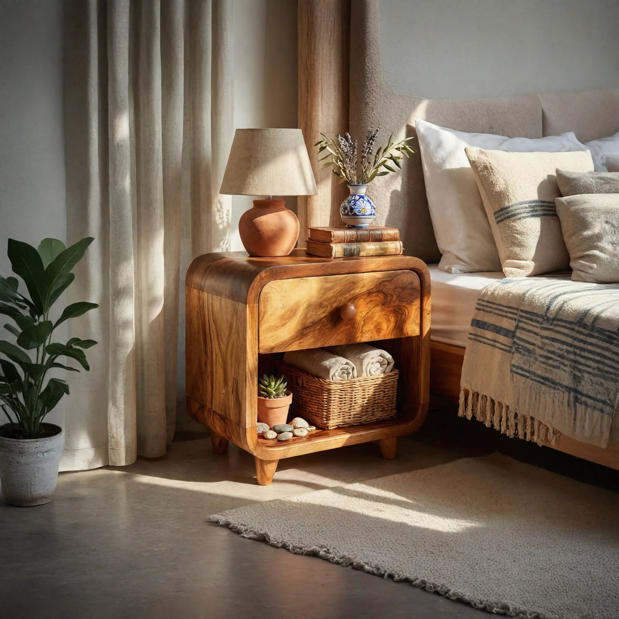 Handcrafted Solid Wood Nightstand with Soft Rounded Corners Drawer and Open Storage