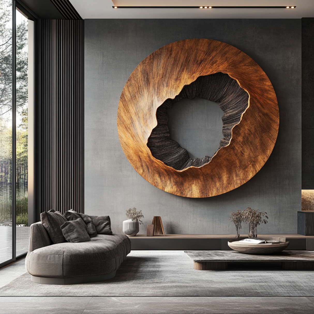 Large Round Solid Wood Wall Sculpture with Textured Center for Modern Interiors