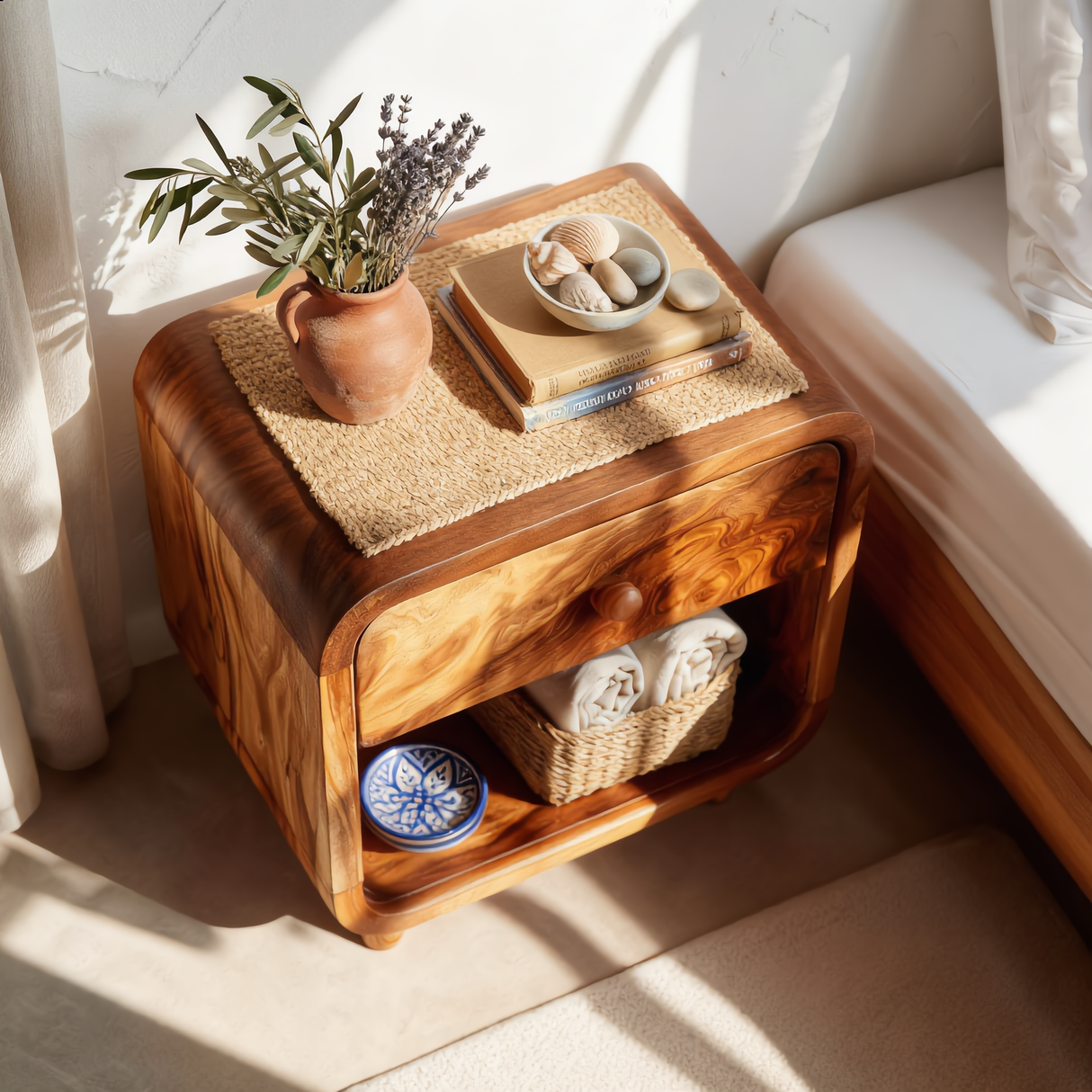 Handcrafted Solid Wood Nightstand with Soft Rounded Corners Drawer and Open Storage