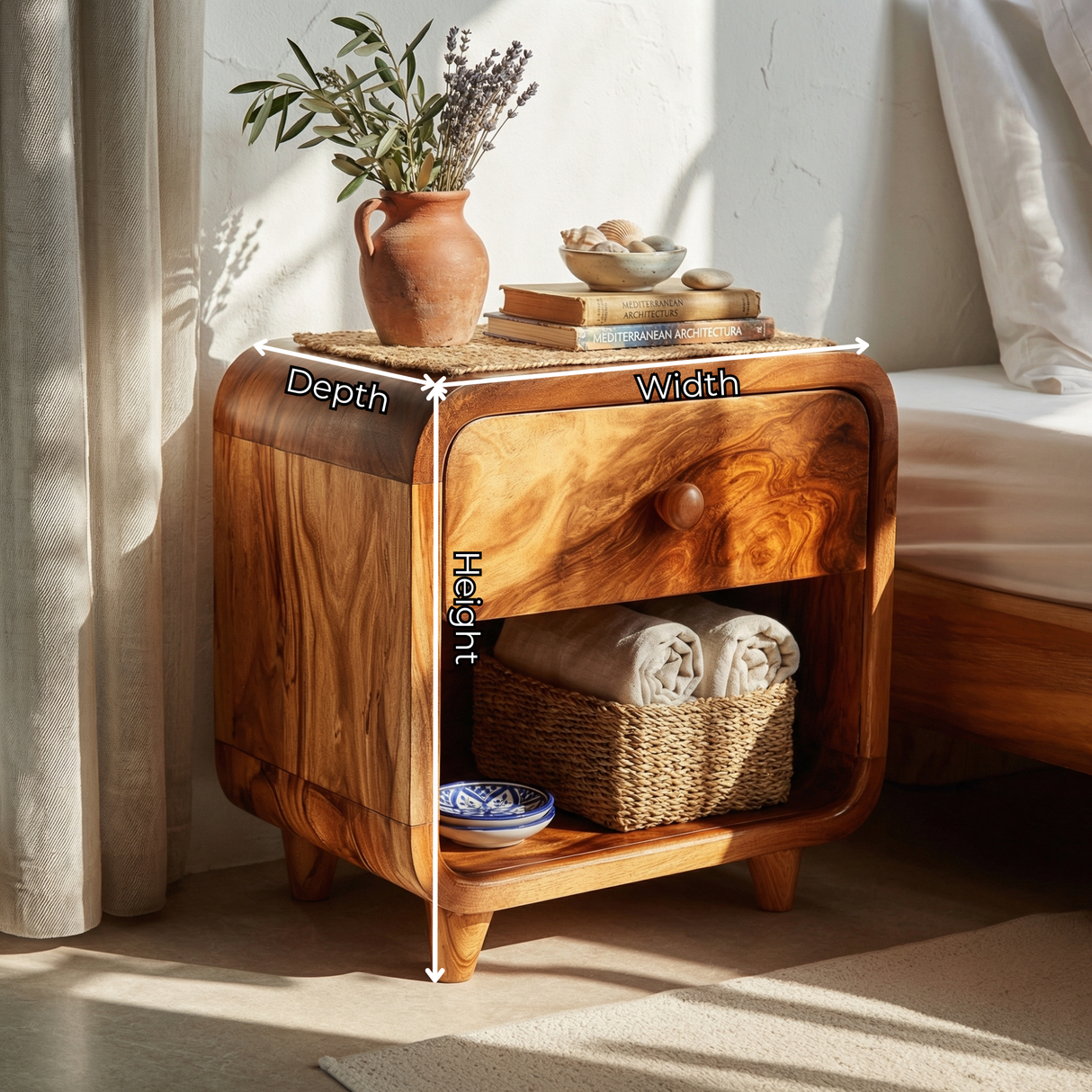Handcrafted Solid Wood Nightstand with Soft Rounded Corners Drawer and Open Storage