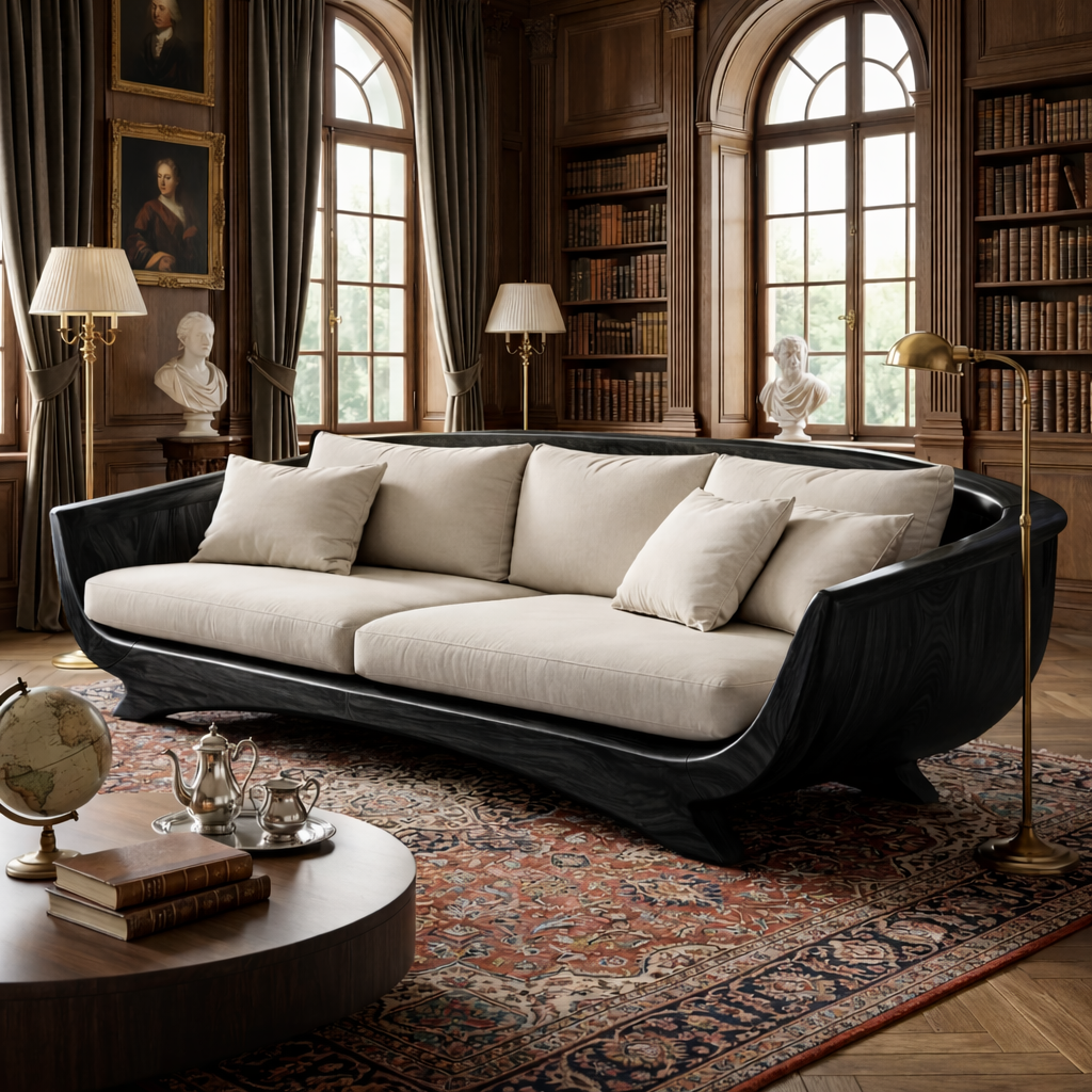 Solid Wood Curved Lounge Sofa with Sculptural Framed Sides for Living Room