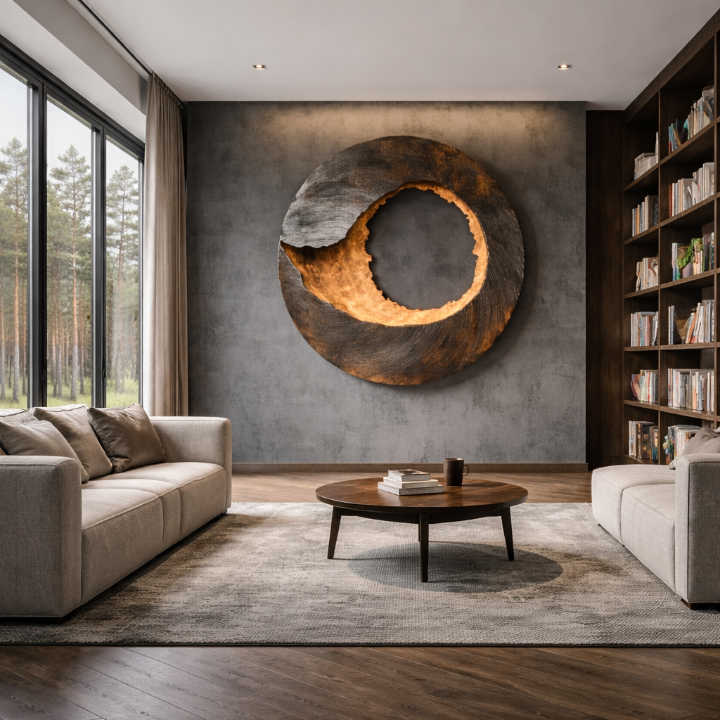 Large Solid Wood Textured Circle Wall Sculpture for Modern Living Rooms