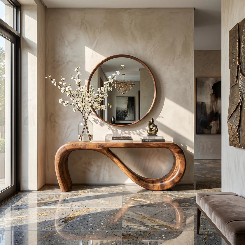 Organic Loop Solid Wood Console Table with Sculptural Curved Base