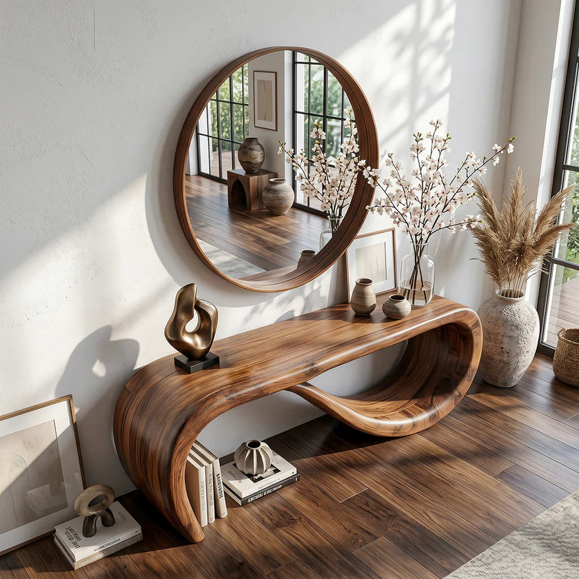 Organic Loop Solid Wood Console Table with Sculptural Curved Base