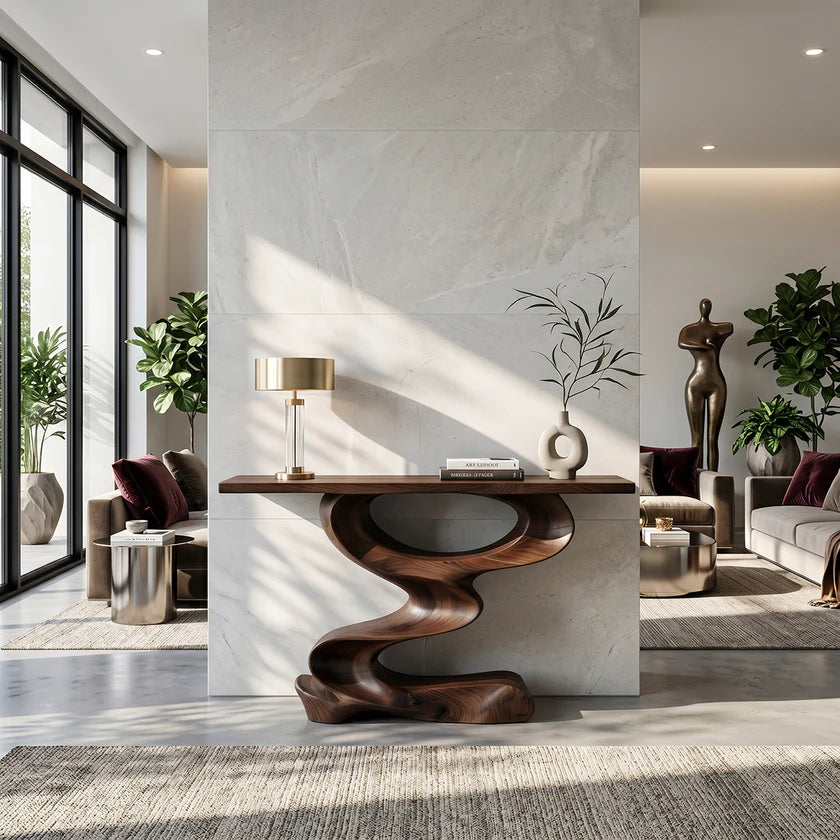 Organic Curved Solid Wood Console Table with Sculptural Z Base