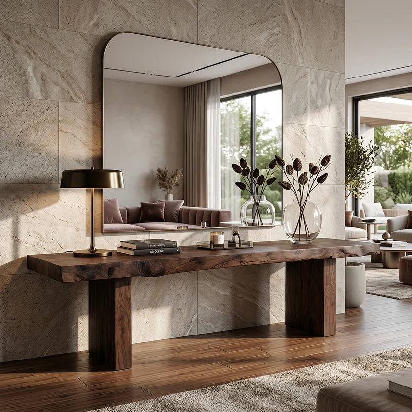 Rustic Live Edge Solid Wood Console Table with Block Legs