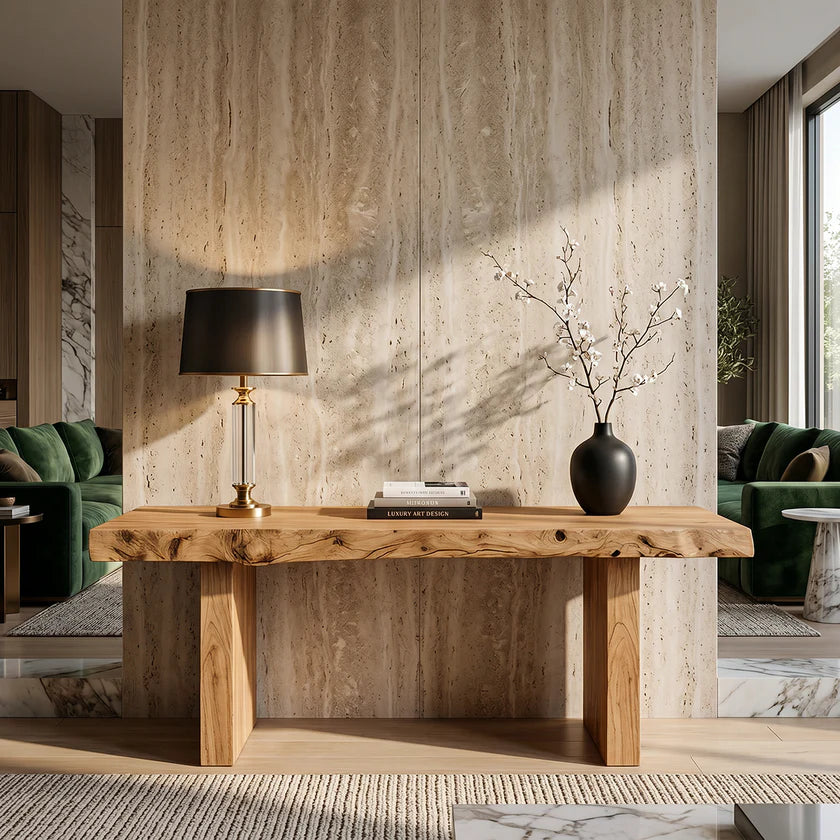 Rustic Live Edge Solid Wood Console Table with Block Legs
