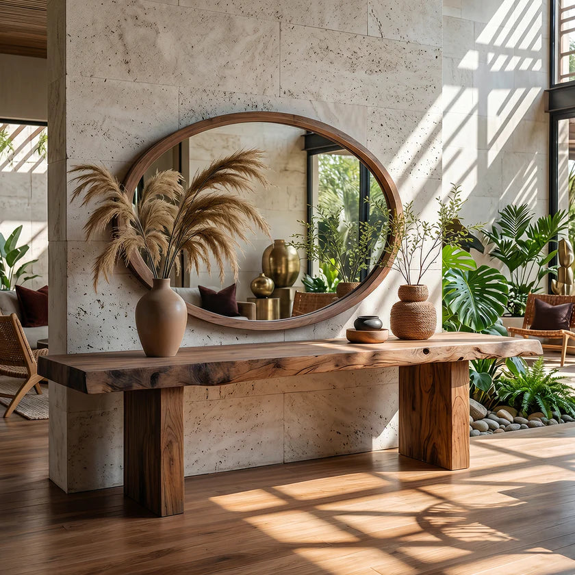 Rustic Live Edge Solid Wood Console Table with Block Legs