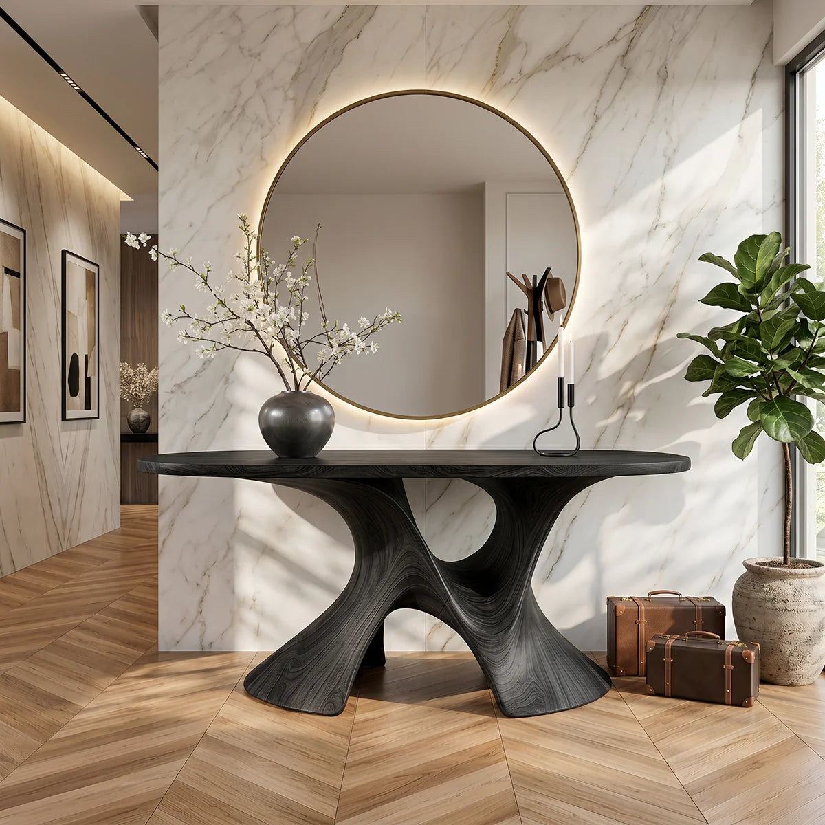 Luxury Sculptural Solid Wood Console Table with Artistic Double Pedestal Base
