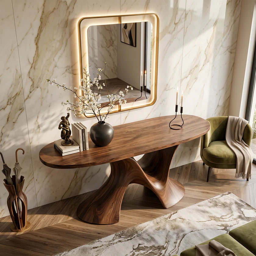 Luxury Sculptural Solid Wood Console Table with Artistic Double Pedestal Base