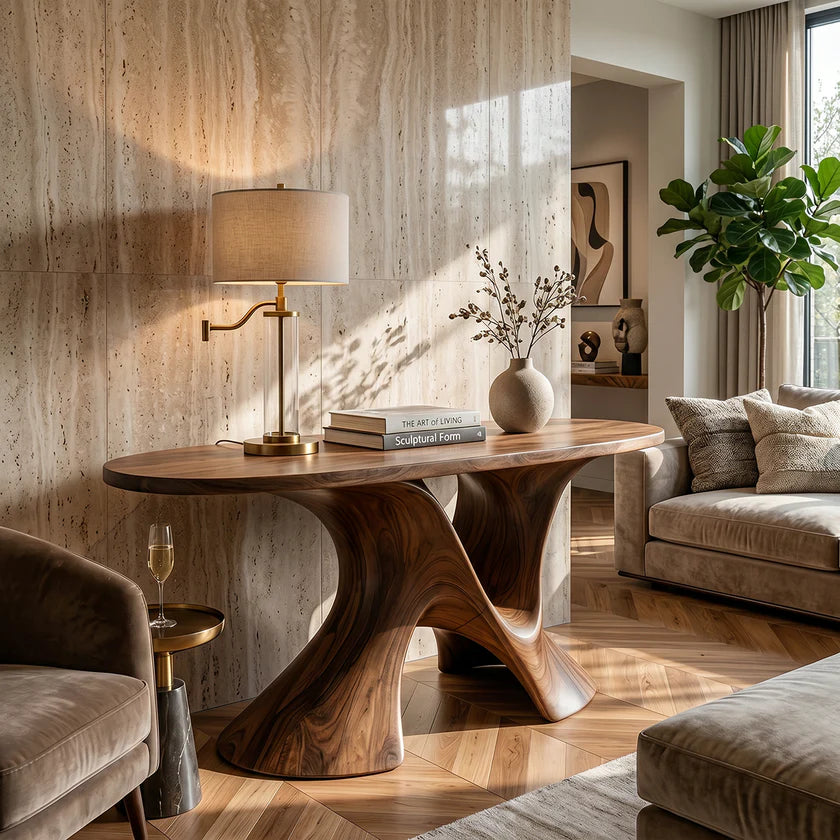 Luxury Sculptural Solid Wood Console Table with Artistic Double Pedestal Base