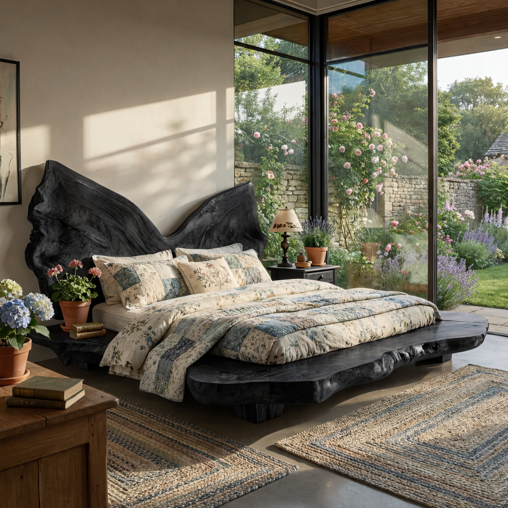 Sculptural Solid Wood Platform Bed with Natural Edge Headboard Form