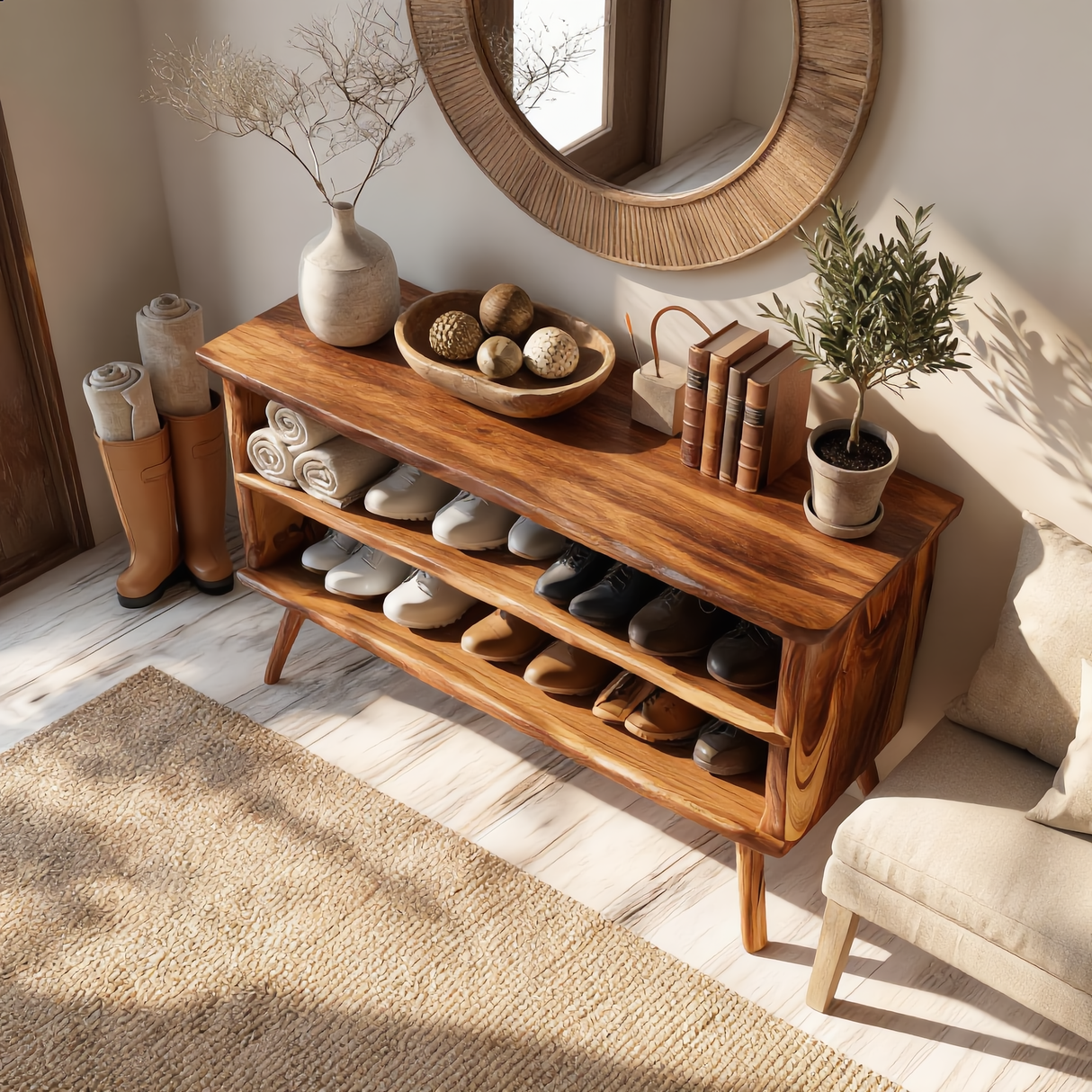 Handcrafted Solid Wood Shoe Rack Bench with Open Shelving for Entryway