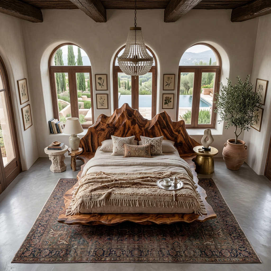 Handcrafted Solid Wood Sculptural Bed with Mountain-Inspired Headboard
