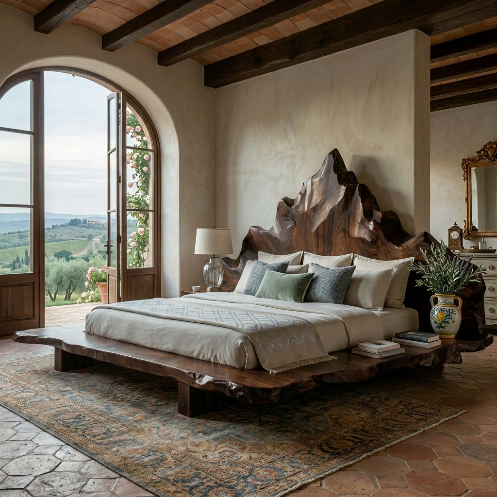 Handcrafted Solid Wood Platform Bed with Natural Live Edge and Sculptural Headboard