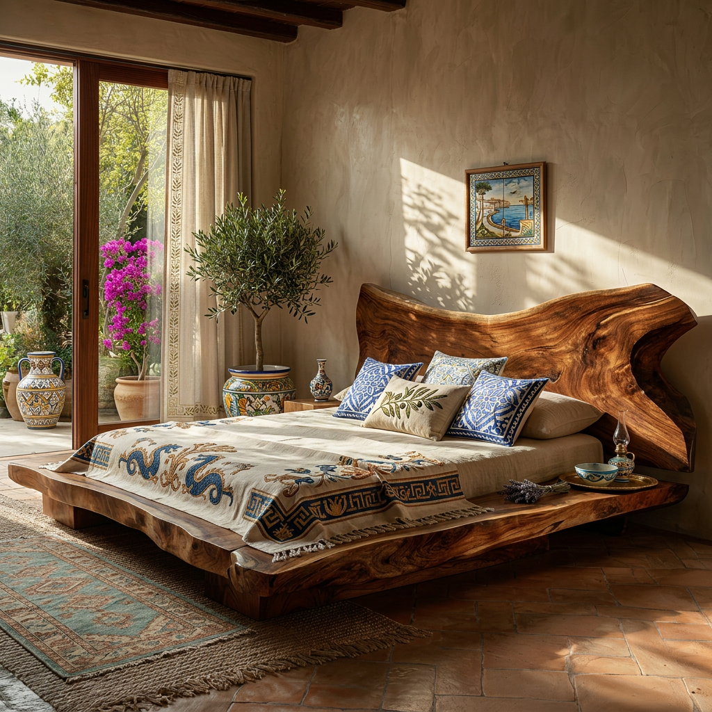 Solid Wood Sculptural Bed with Freeform Live Edge Headboard and Platform Base