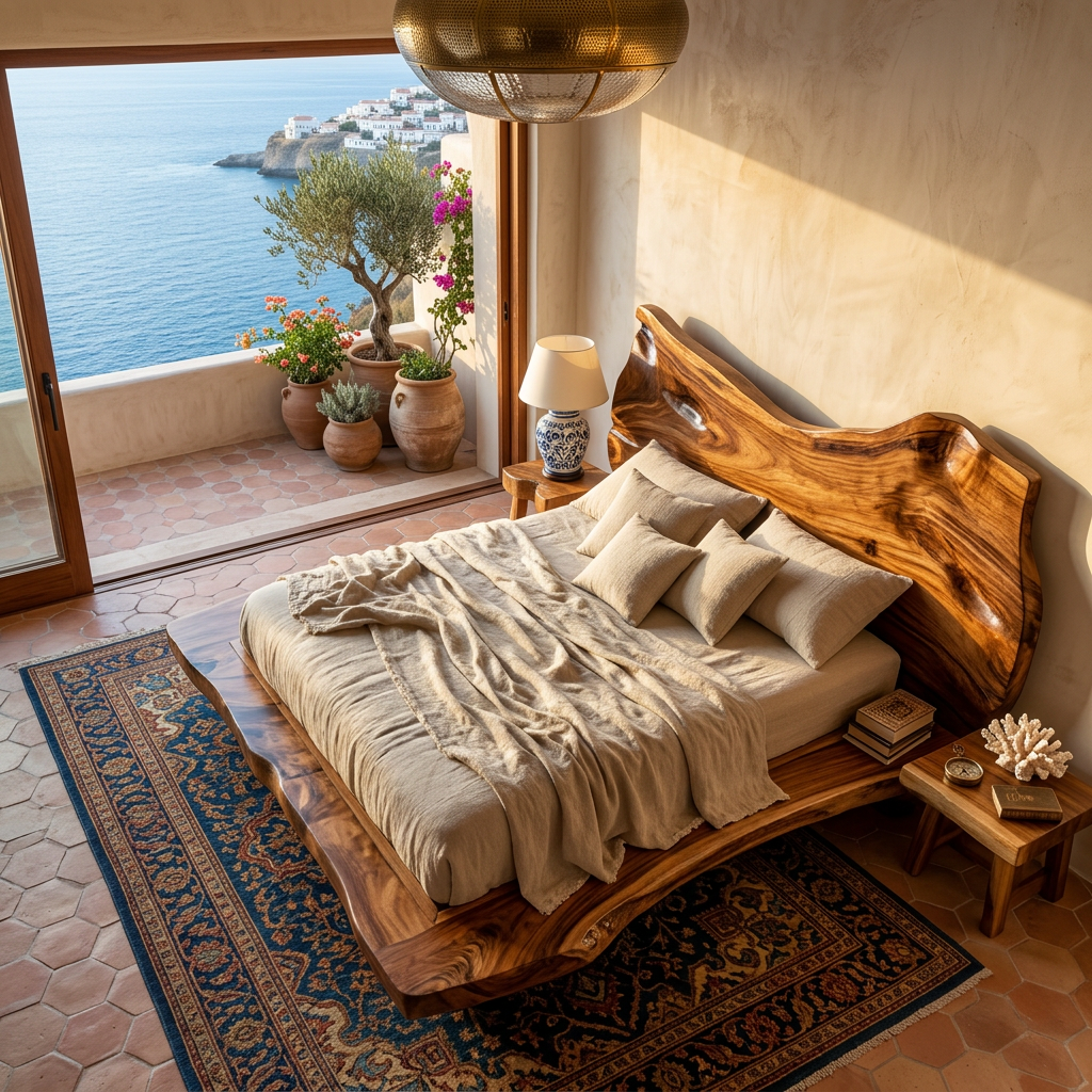 Natural Edge Solid Wood Bed with Sculpted Wave Headboard Design