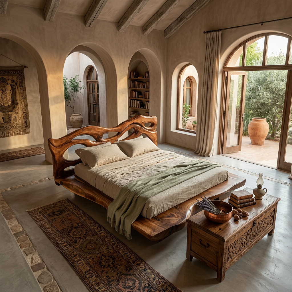 Solid Wood Sculptural Bed Frame with Organic Cutout Headboard Design