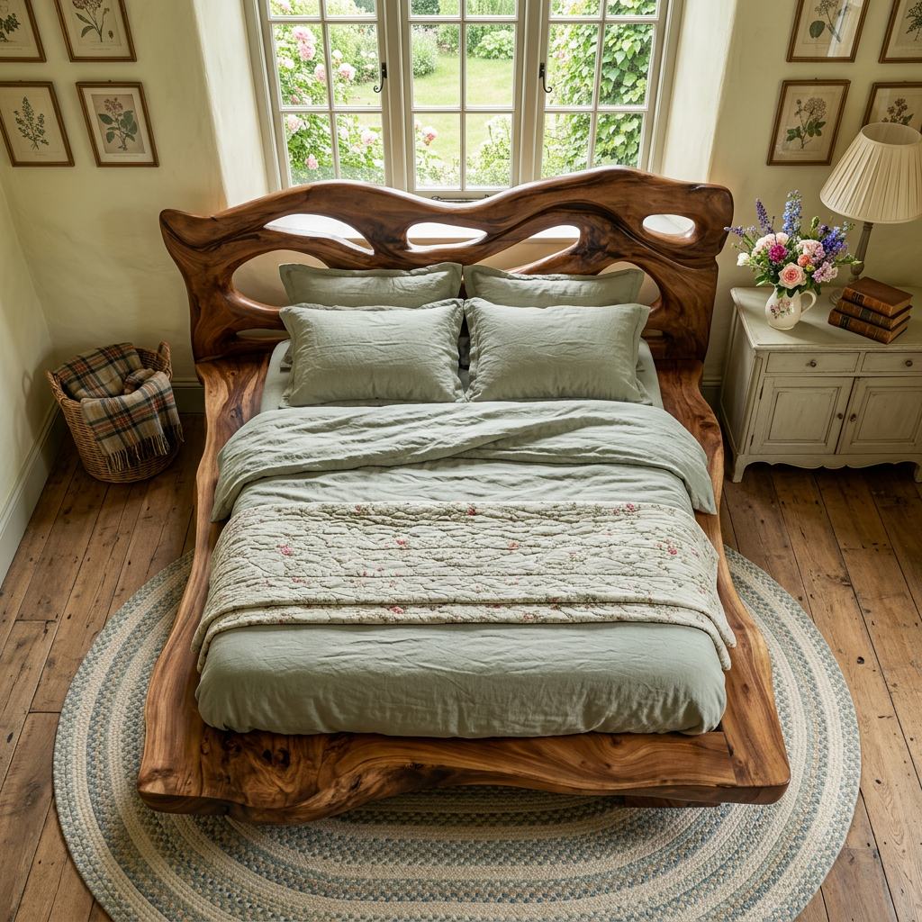 Solid Wood Sculptural Bed Frame with Organic Cutout Headboard Design