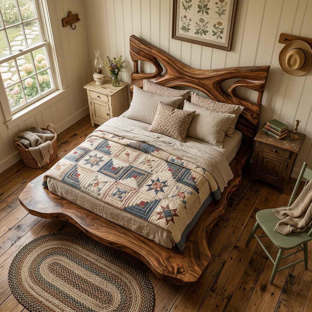 Handcrafted Solid Wood Live Edge Bed with Sculptural Open-Form Headboard
