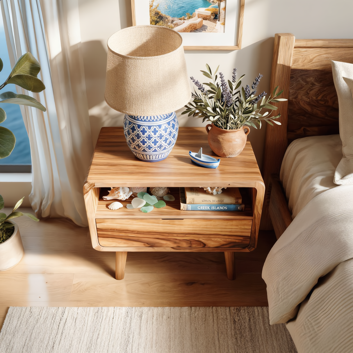 Solid Wood Bedside Table with Open Storage Niche and Lower Drawer for Bedroom