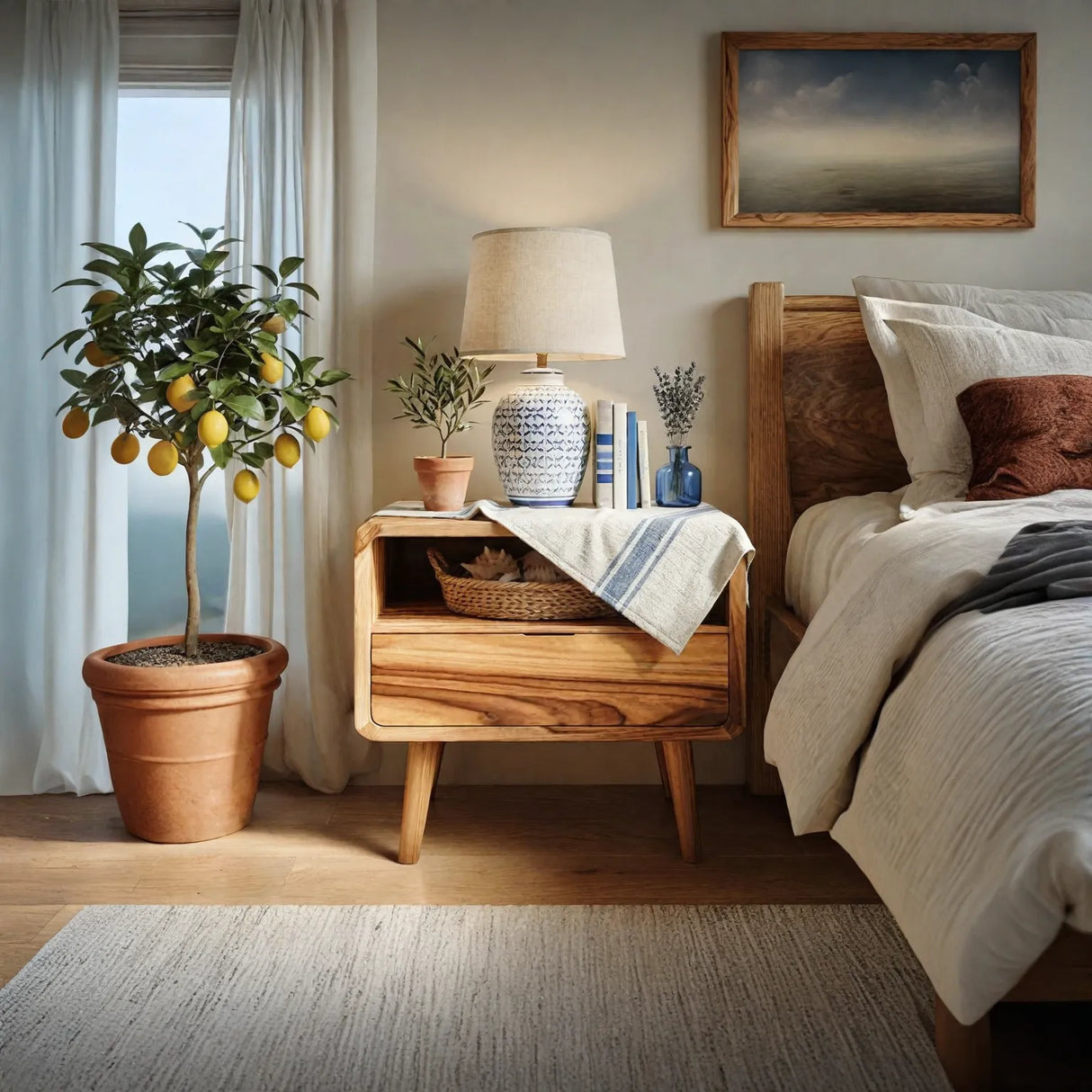 Solid Wood Bedside Table with Open Storage Niche and Lower Drawer for Bedroom