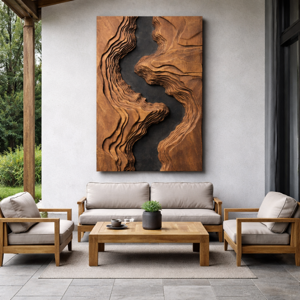 Large Solid Wood Layered Topographic Wall Sculpture for Modern Interiors