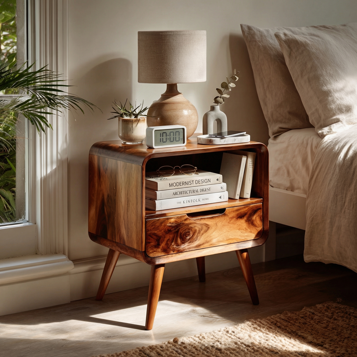 Handmade Solid Wood Bedside Table with Rounded Frame Drawer and Open Storage Shelf