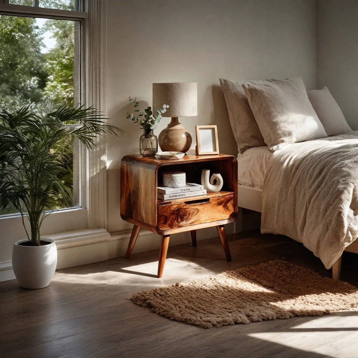 Handmade Solid Wood Bedside Table with Rounded Frame Drawer and Open Storage Shelf