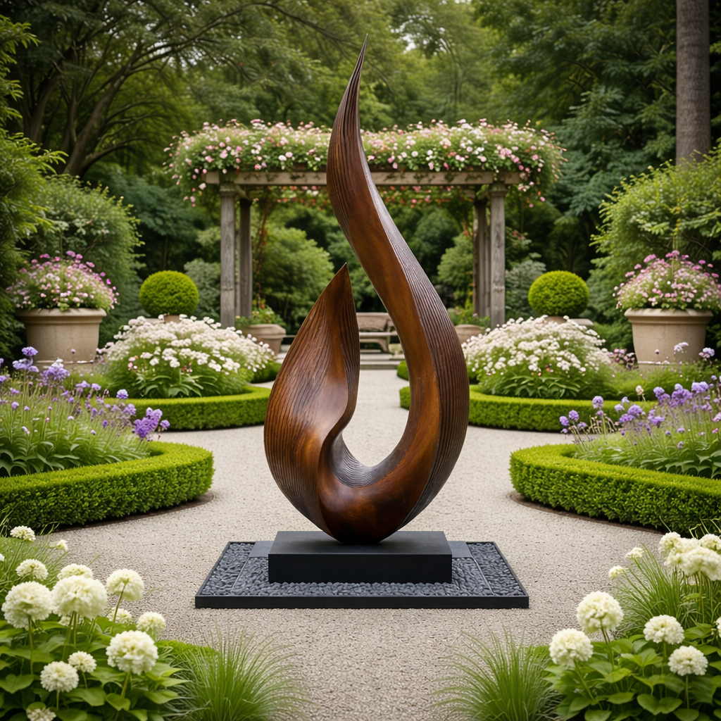 Large Outdoor Solid Wood Textured Flame Sculpture with Plinth for Gardens
