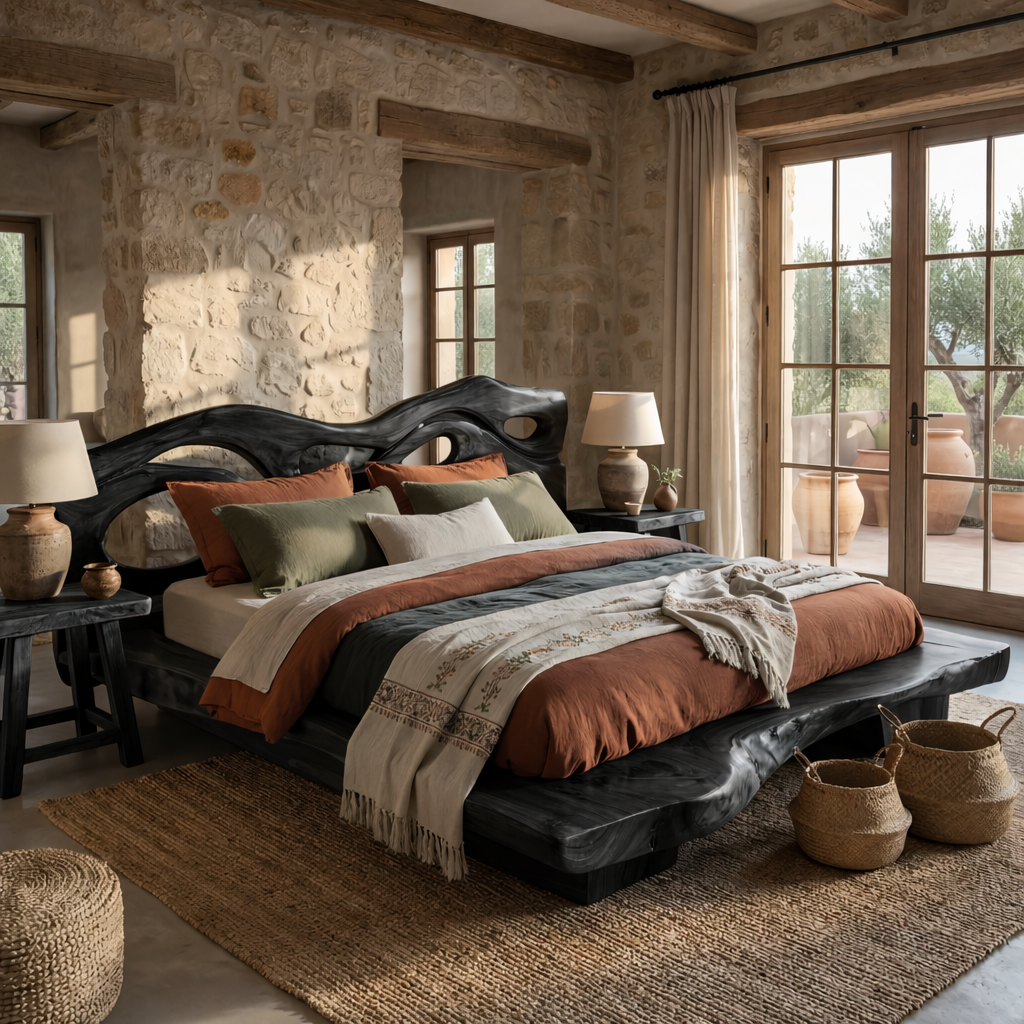 Solid Wood Sculptural Bed Frame with Organic Cutout Headboard Design