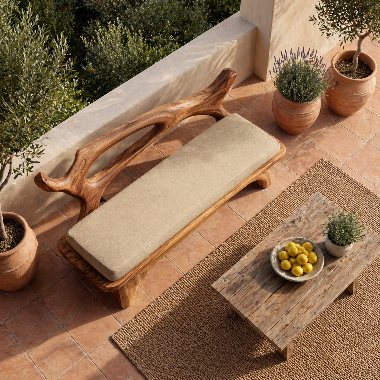 Sculptural Solid Wood Bench with Open Backrest for Entryway and Living Space