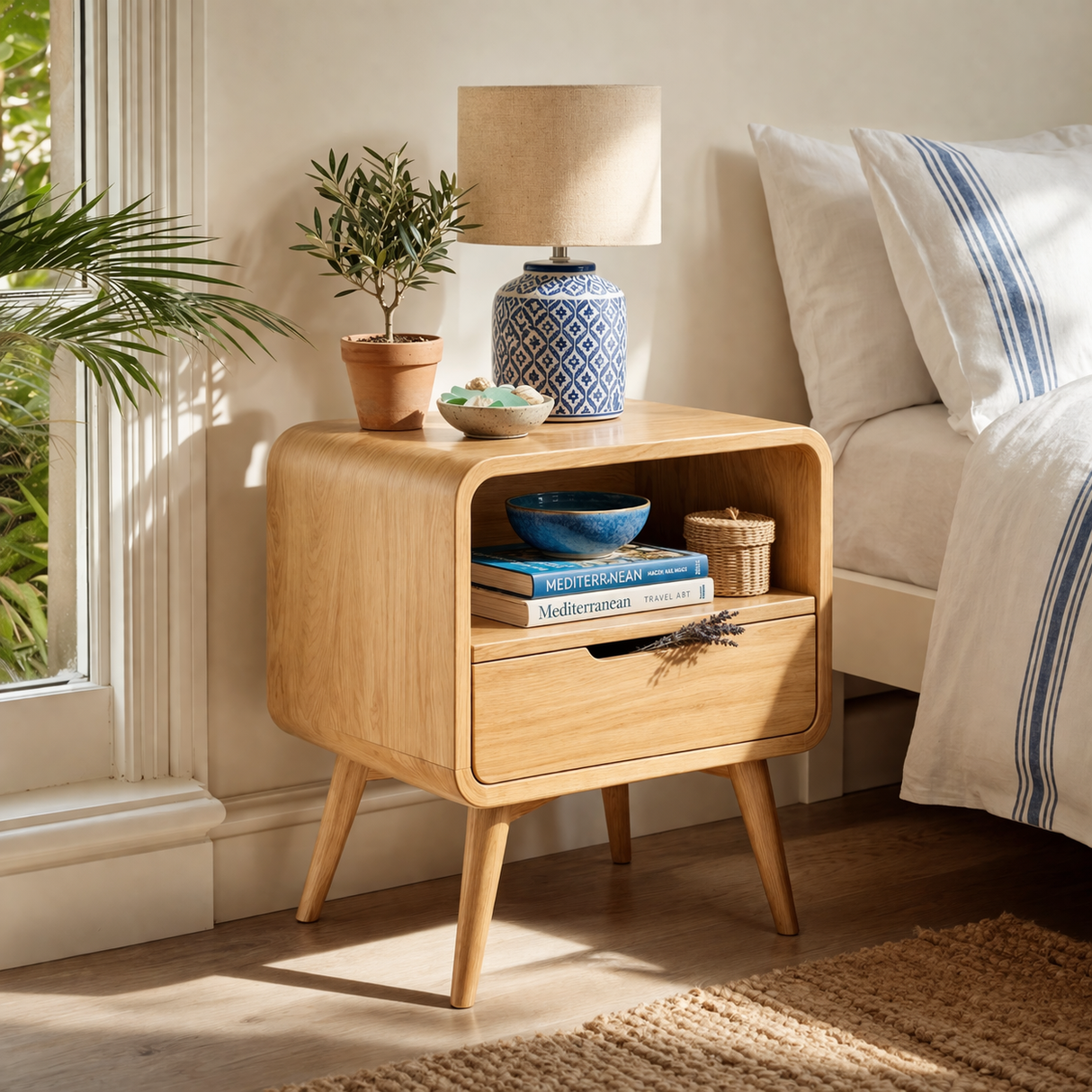 Handmade Solid Wood Bedside Table with Rounded Frame Drawer and Open Storage Shelf