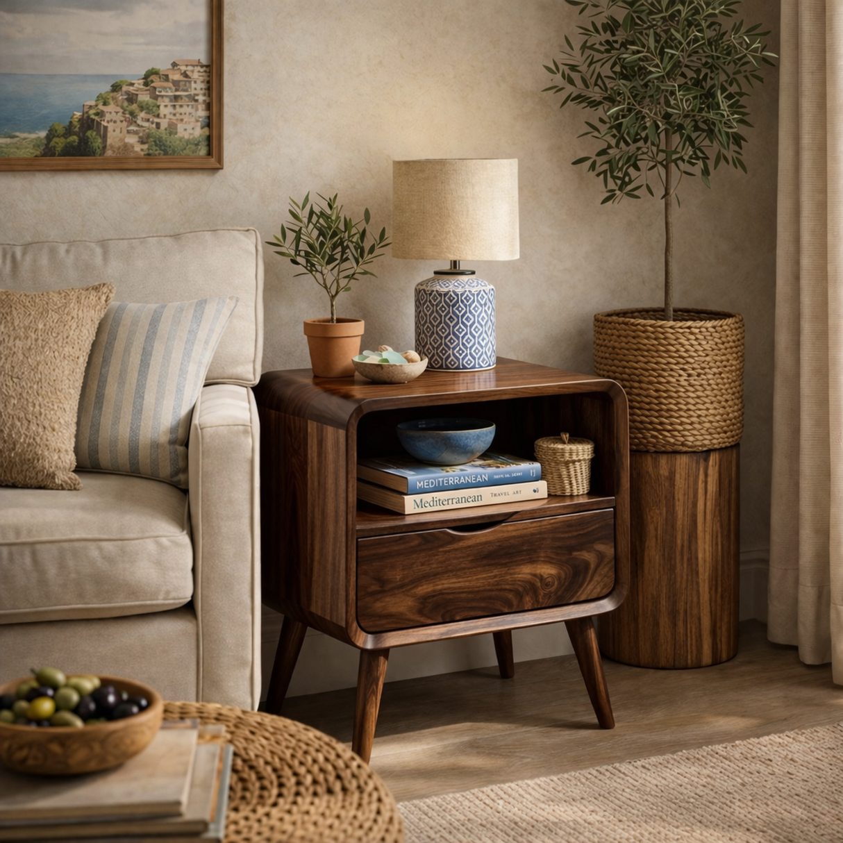 Handmade Solid Wood Bedside Table with Rounded Frame Drawer and Open Storage Shelf
