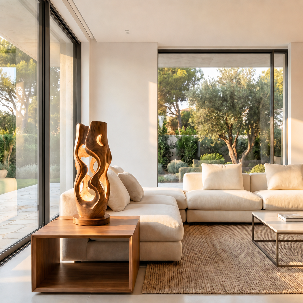Sculptural Wood Table Lamp with Organic Cutouts
