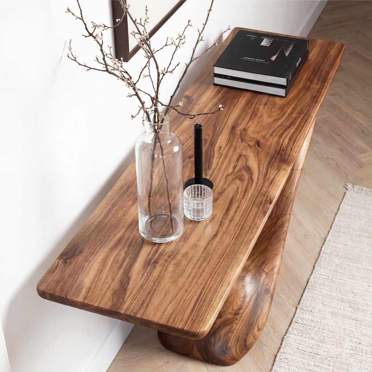 Modern Solid Wood Console Table with Sculpted Curved Base