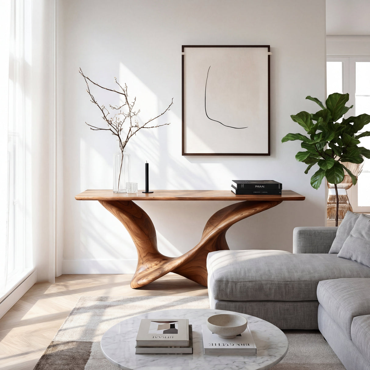 Modern Solid Wood Console Table with Sculpted Curved Base
