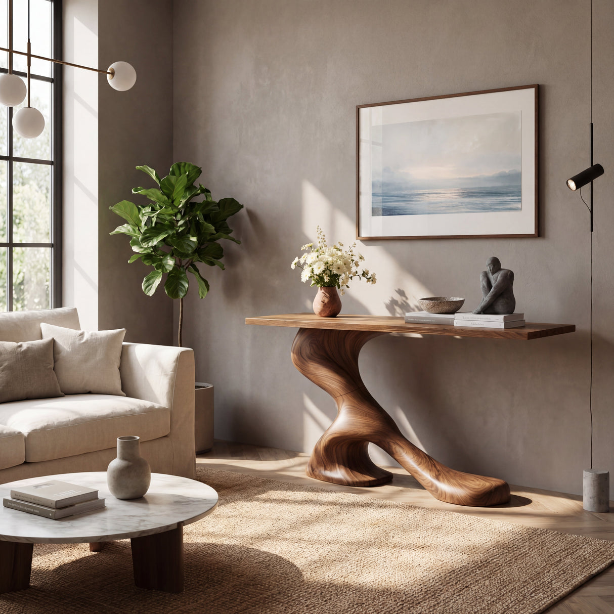 Asymmetrical Sculptural Solid Wood Console Table with Organic Curved Base