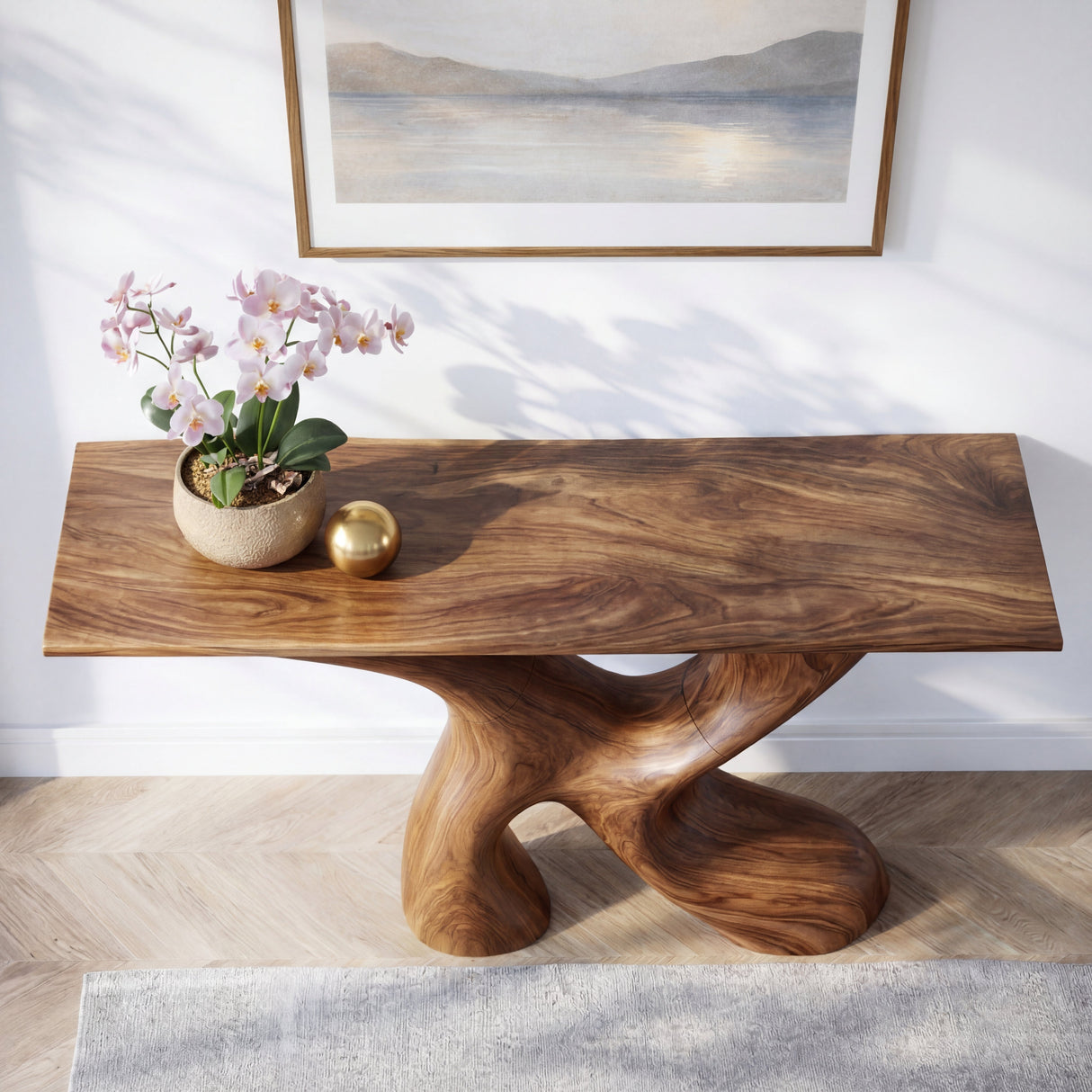 Cross Flow Sculptural Solid Wood Console Table with Open Cut Organic Base