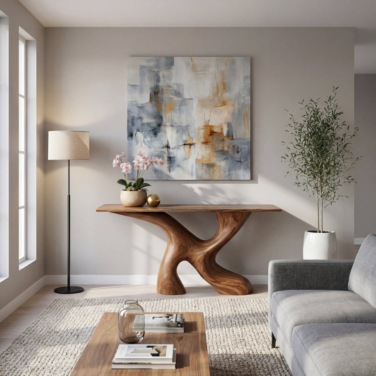 Cross Flow Sculptural Solid Wood Console Table with Open Cut Organic Base