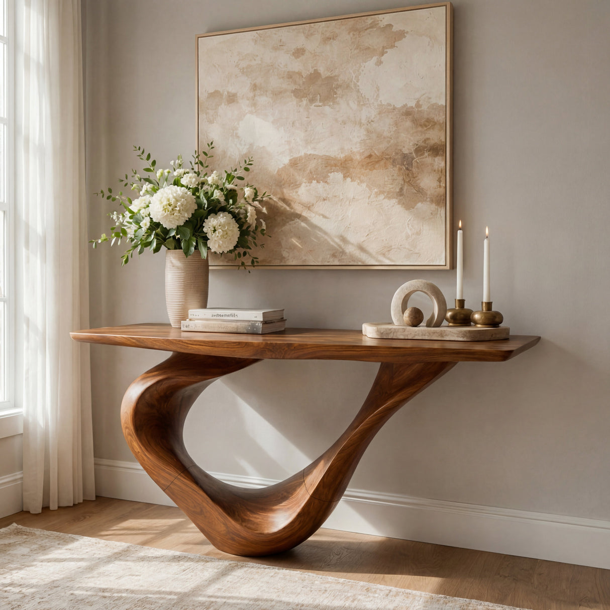 Sculptural Solid Wood Console Table with Ribbon Curve Base