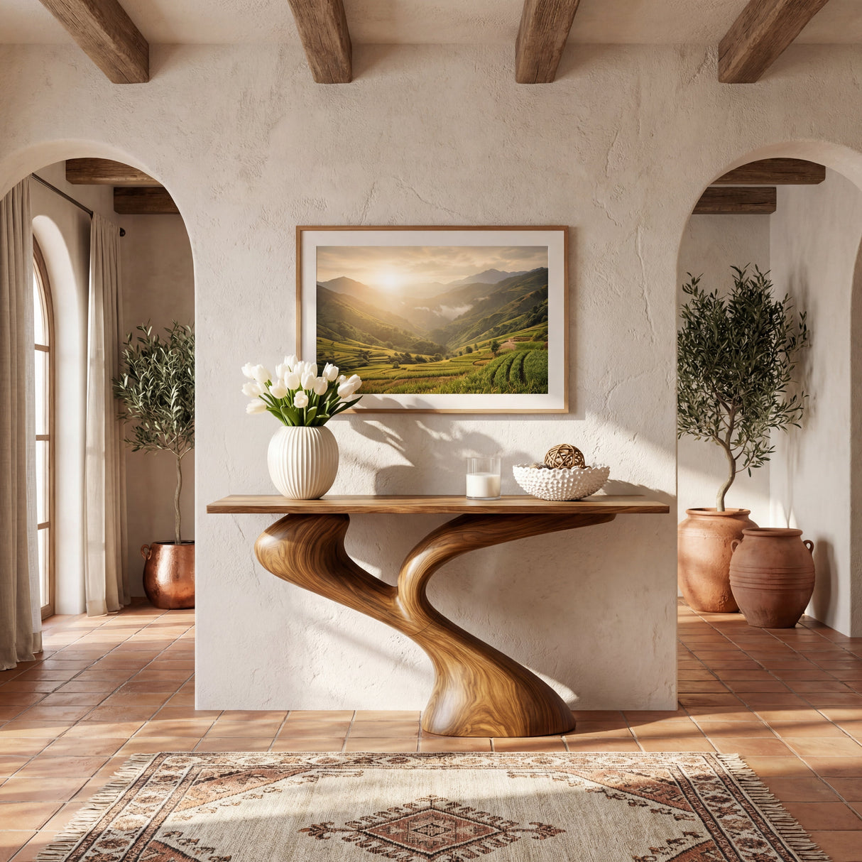Sculptural Solid Wood Console Table with Flowing Dual Stem Base