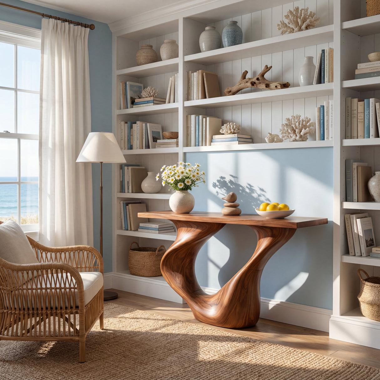 Twin Sweep Sculptural Solid Wood Console Table with Open Valley Base
