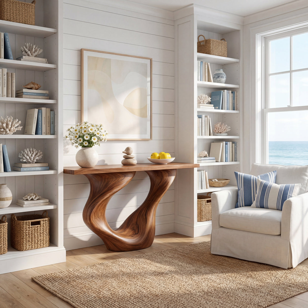 Twin Sweep Sculptural Solid Wood Console Table with Open Valley Base